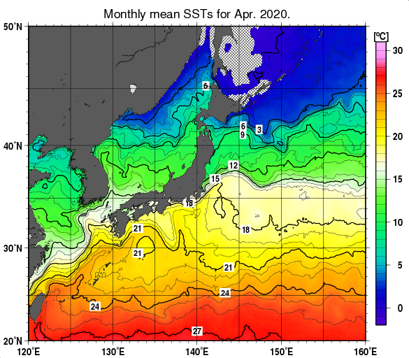 日本近海の月平均海面水温分布図（2020年4月）