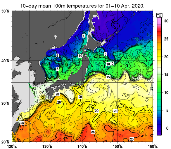 日本近海の深さ100mの旬平均水温分布図（2020年4月上旬）
