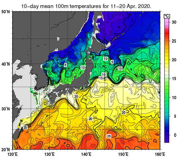 日本近海の深さ100mの旬平均水温分布図（2020年4月中旬）