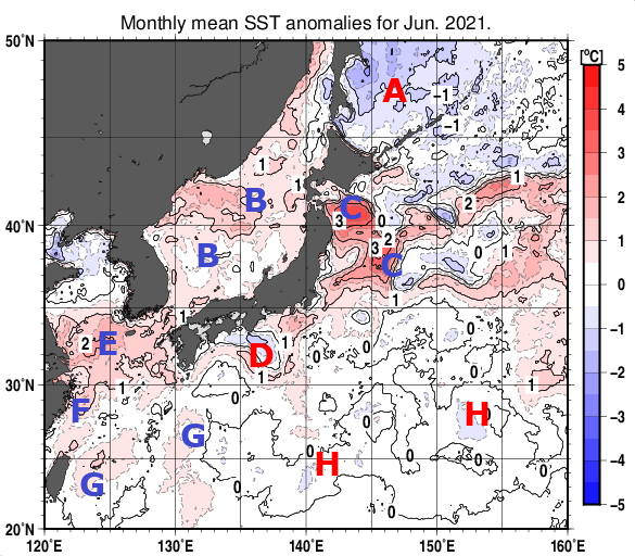 日本近海の月平均海面水温平年差分布図（2021年6月）