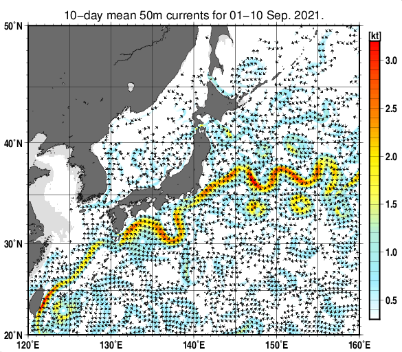日本近海の深さ50mの旬平均海流分布図（2021年9月上旬）