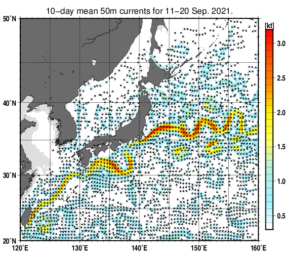 日本近海の深さ50mの旬平均海流分布図（2021年9月中旬）