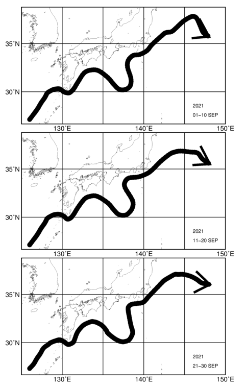 旬別黒潮流軸図（上段：2021年9月上旬、中段：9月中旬、下段：9月下旬）