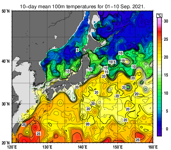 日本近海の深さ100mの旬平均水温分布図（2021年9月上旬）