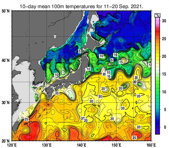 日本近海の深さ100mの旬平均水温分布図（2021年9月中旬）