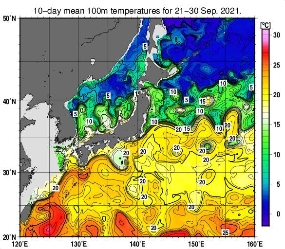 日本近海の深さ100mの旬平均水温分布図（2021年9月下旬）