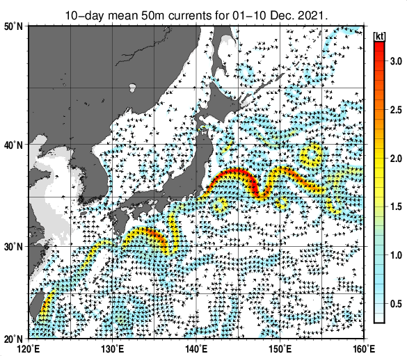 日本近海の深さ50mの旬平均海流分布図（2021年12月上旬）
