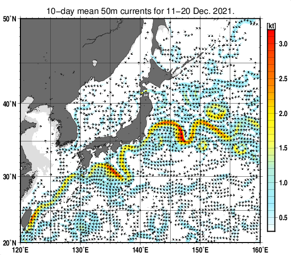 日本近海の深さ50mの旬平均海流分布図（2021年12月中旬）