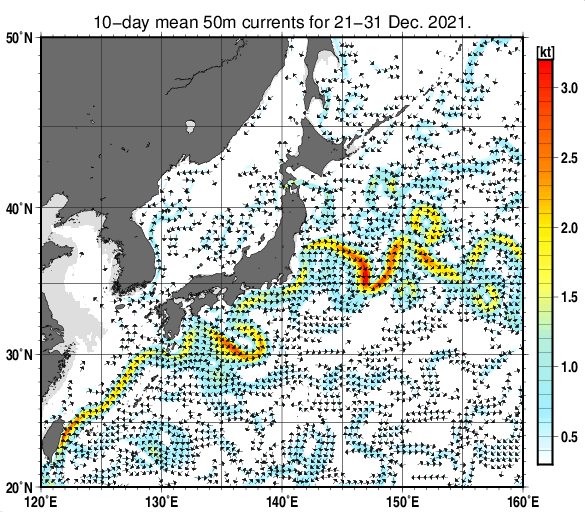 日本近海の深さ50mの旬平均海流分布図（2021年12月下旬）