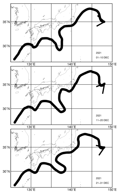 旬別黒潮流軸図（上段：2021年12月上旬、中段：12月中旬、下段：12月下旬）