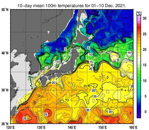 日本近海の深さ100mの旬平均水温分布図（2021年12月上旬）
