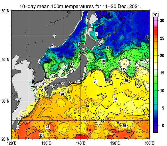 日本近海の深さ100mの旬平均水温分布図（2021年12月中旬）