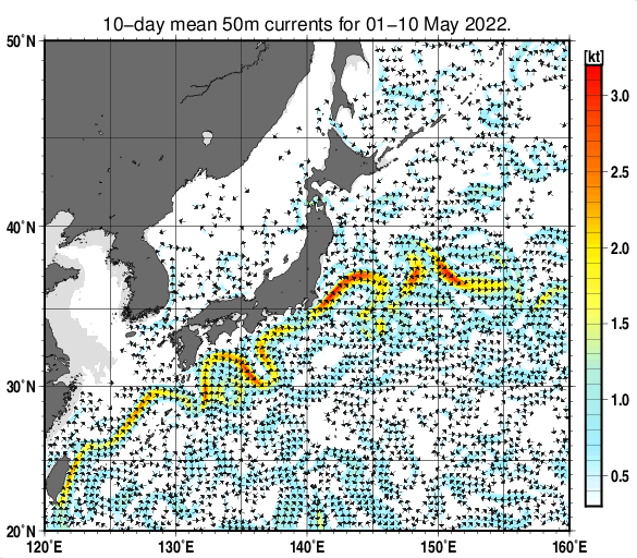 日本近海の深さ50mの旬平均海流分布図（2022年5月上旬）