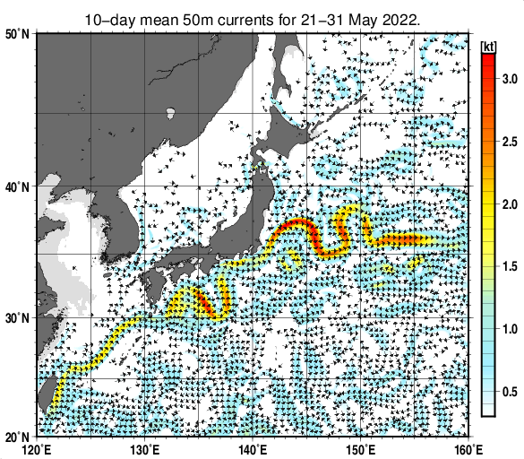日本近海の深さ50mの旬平均海流分布図（2022年5月下旬）
