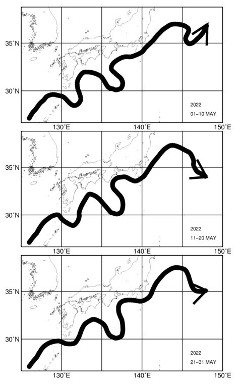 旬別黒潮流軸図（上段：2022年5月上旬、中段：5月中旬、下段：5月下旬）