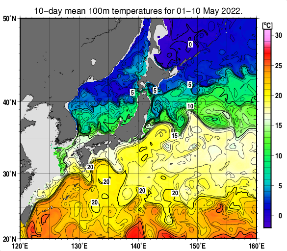 日本近海の深さ100mの旬平均水温分布図（2022年5月上旬）