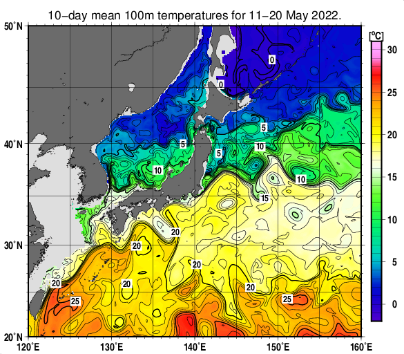 日本近海の深さ100mの旬平均水温分布図（2022年5月中旬）