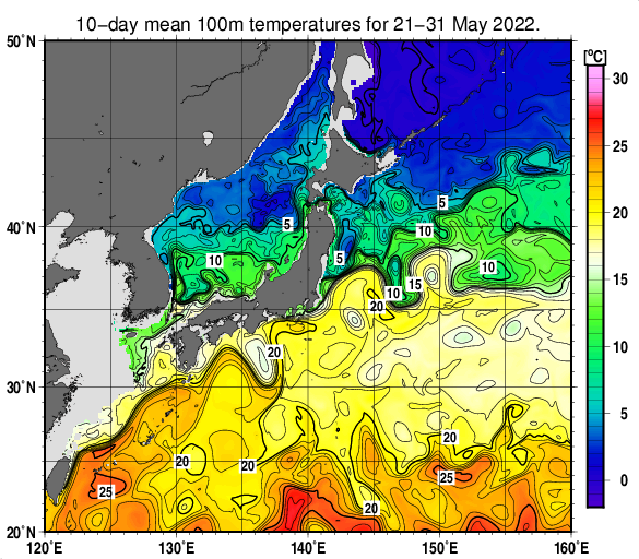 日本近海の深さ100mの旬平均水温分布図（2022年5月下旬）