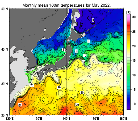 日本近海の深さ100mの月平均水温分布図（2022年5月）