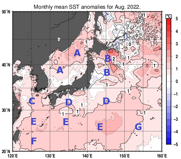 日本近海の月平均海面水温平年差分布図（2022年8月）