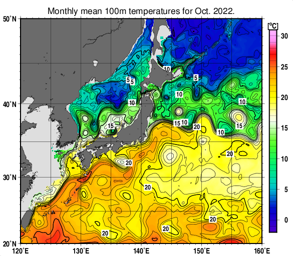 日本近海の深さ100mの月平均水温分布図（2022年10月）