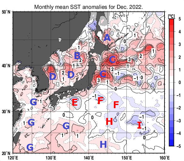 日本近海の月平均海面水温平年差分布図（2022年12月）