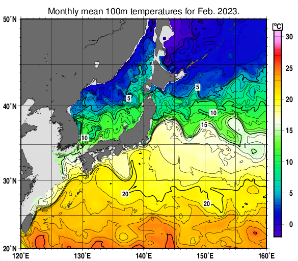 日本近海の深さ100mの月平均水温分布図（2023年2月）