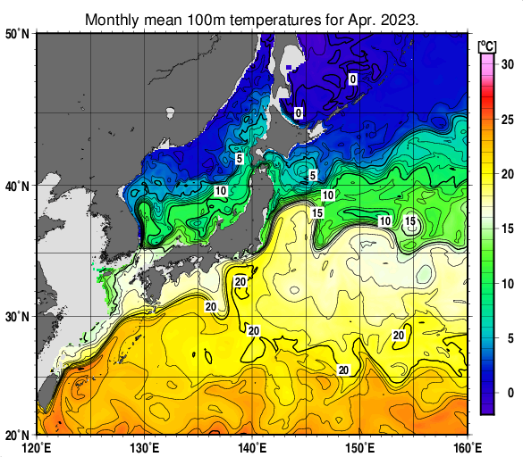 日本近海の深さ100mの月平均水温分布図（2023年4月）