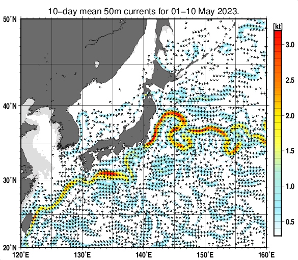 日本近海の深さ50mの旬平均海流分布図（2023年5月上旬）