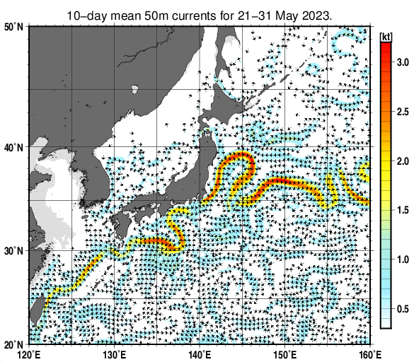 日本近海の深さ50mの旬平均海流分布図（2023年5月下旬）