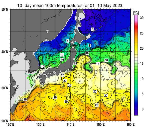日本近海の深さ100mの旬平均水温分布図（2023年5月上旬）