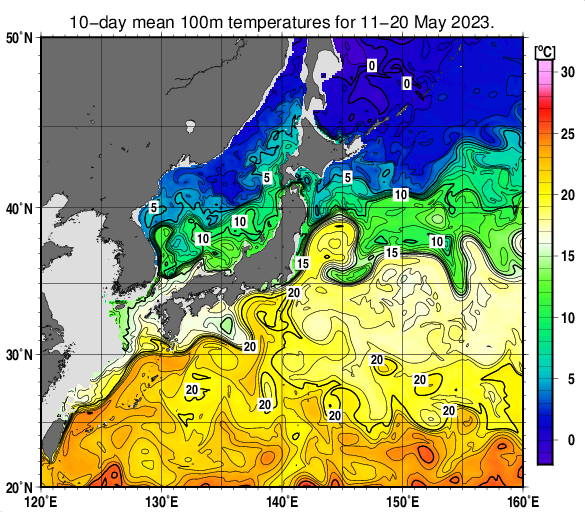 日本近海の深さ100mの旬平均水温分布図（2023年5月中旬）