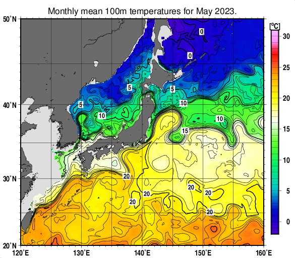 日本近海の深さ100mの月平均水温分布図（2023年5月）