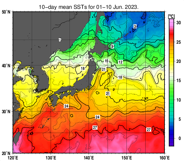 日本近海の旬平均海面水温分布図（2023年6月上旬）