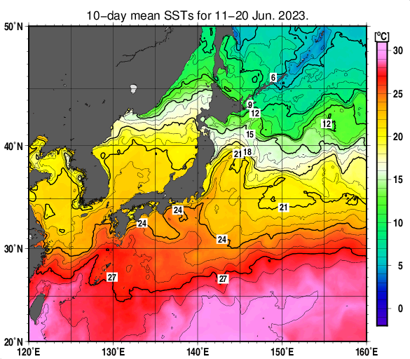 日本近海の旬平均海面水温分布図（2023年6月中旬）