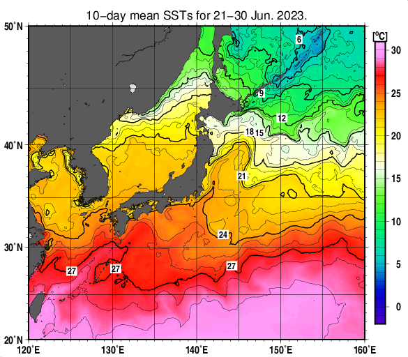 日本近海の旬平均海面水温分布図（2023年6月下旬）