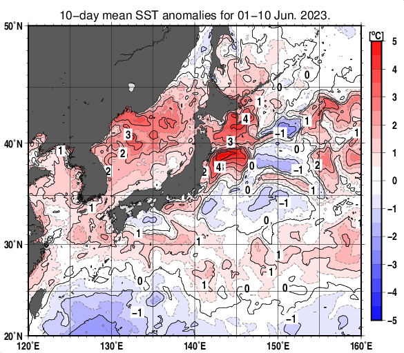 日本近海の旬平均海面水温平年差分布図（2023年6月上旬）