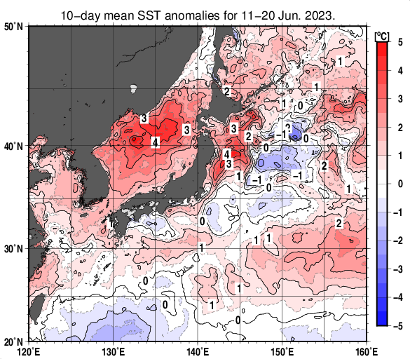 日本近海の旬平均海面水温平年差分布図（2023年6月中旬）