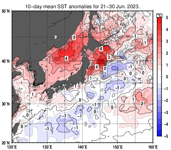 日本近海の旬平均海面水温平年差分布図（2023年6月下旬）
