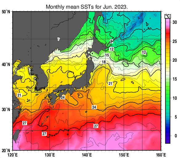 日本近海の月平均海面水温分布図（2023年6月）