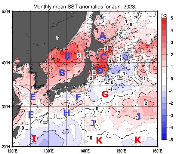 日本近海の月平均海面水温平年差分布図（2023年6月）