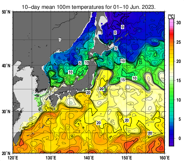 日本近海の深さ100mの旬平均水温分布図（2023年6月上旬）