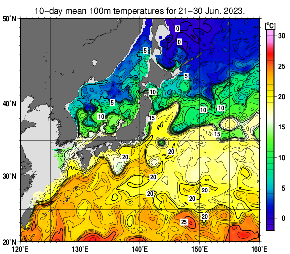 日本近海の深さ100mの旬平均水温分布図（2023年6月下旬）