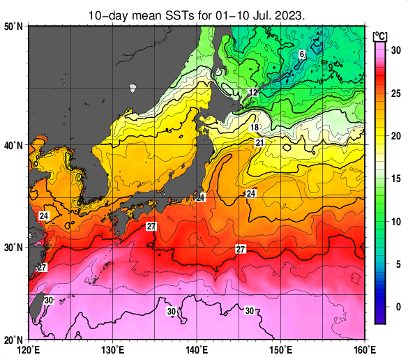 日本近海の旬平均海面水温分布図（2023年7月上旬）