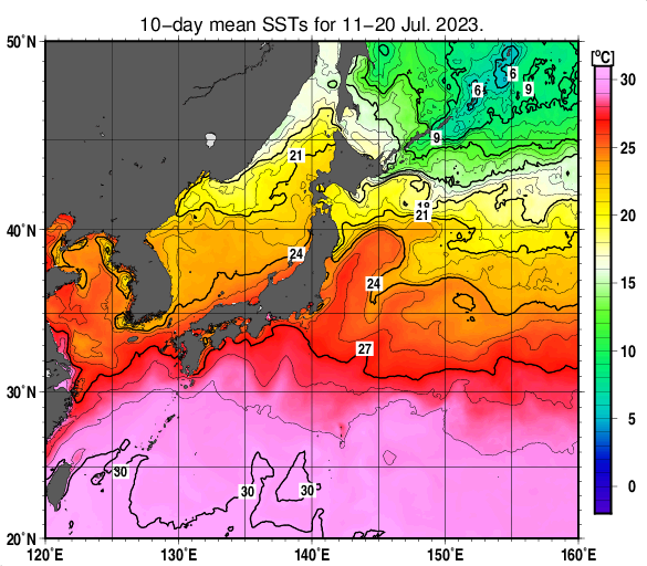 日本近海の旬平均海面水温分布図（2023年7月中旬）