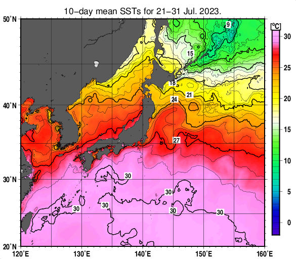 日本近海の旬平均海面水温分布図（2023年7月下旬）