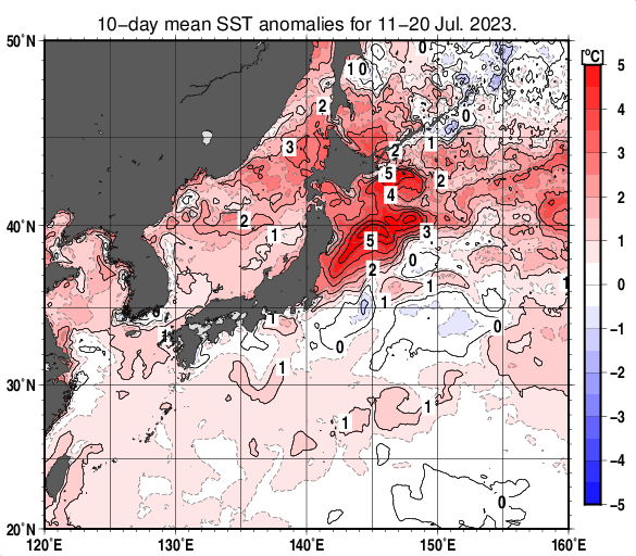 日本近海の旬平均海面水温平年差分布図（2023年7月中旬）