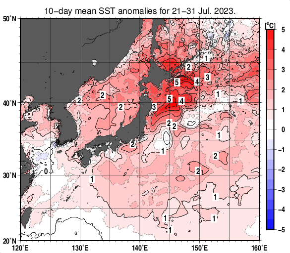 日本近海の旬平均海面水温平年差分布図（2023年7月下旬）