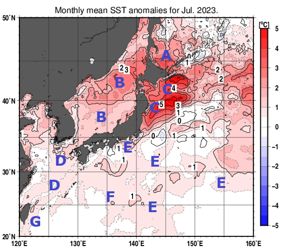 日本近海の月平均海面水温平年差分布図（2023年7月）