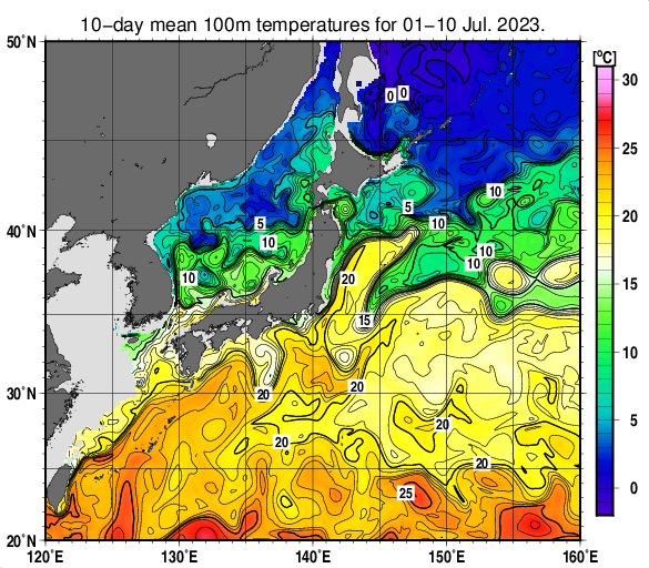 日本近海の深さ100mの旬平均水温分布図（2023年7月上旬）